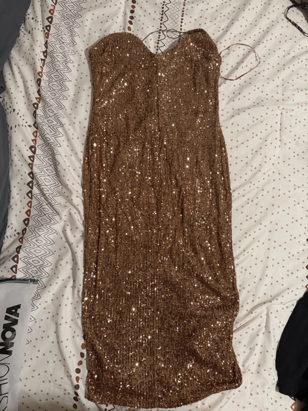 Fashion Nova Bronze Sequin Strapless Midi Dress
